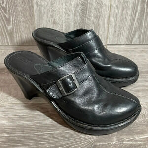 Born Black Leather Buckle Heeled Clogs Mules 8